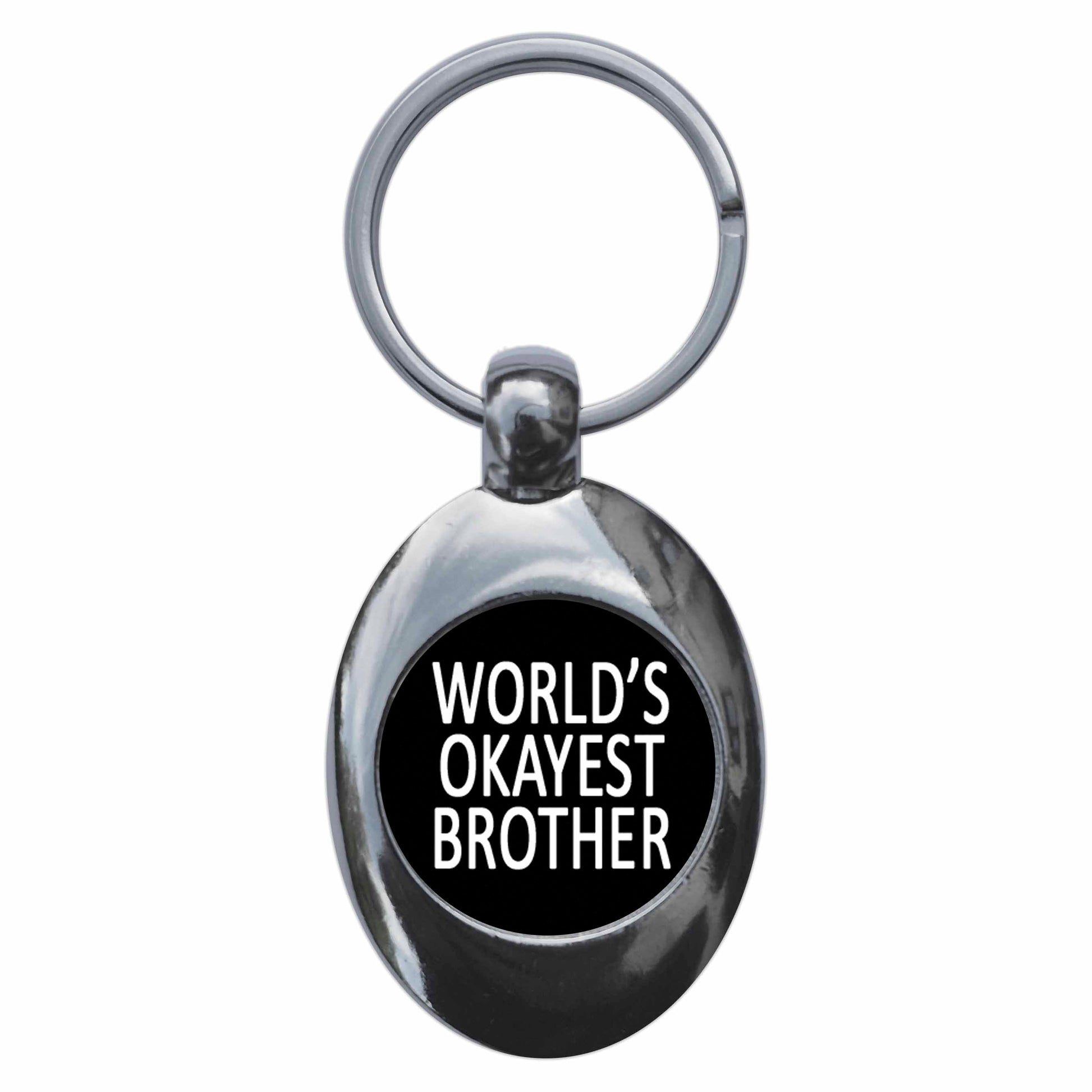 A picture of the front of the product, titled World's Okayest Brother Metal Keyring With Trolley Coin