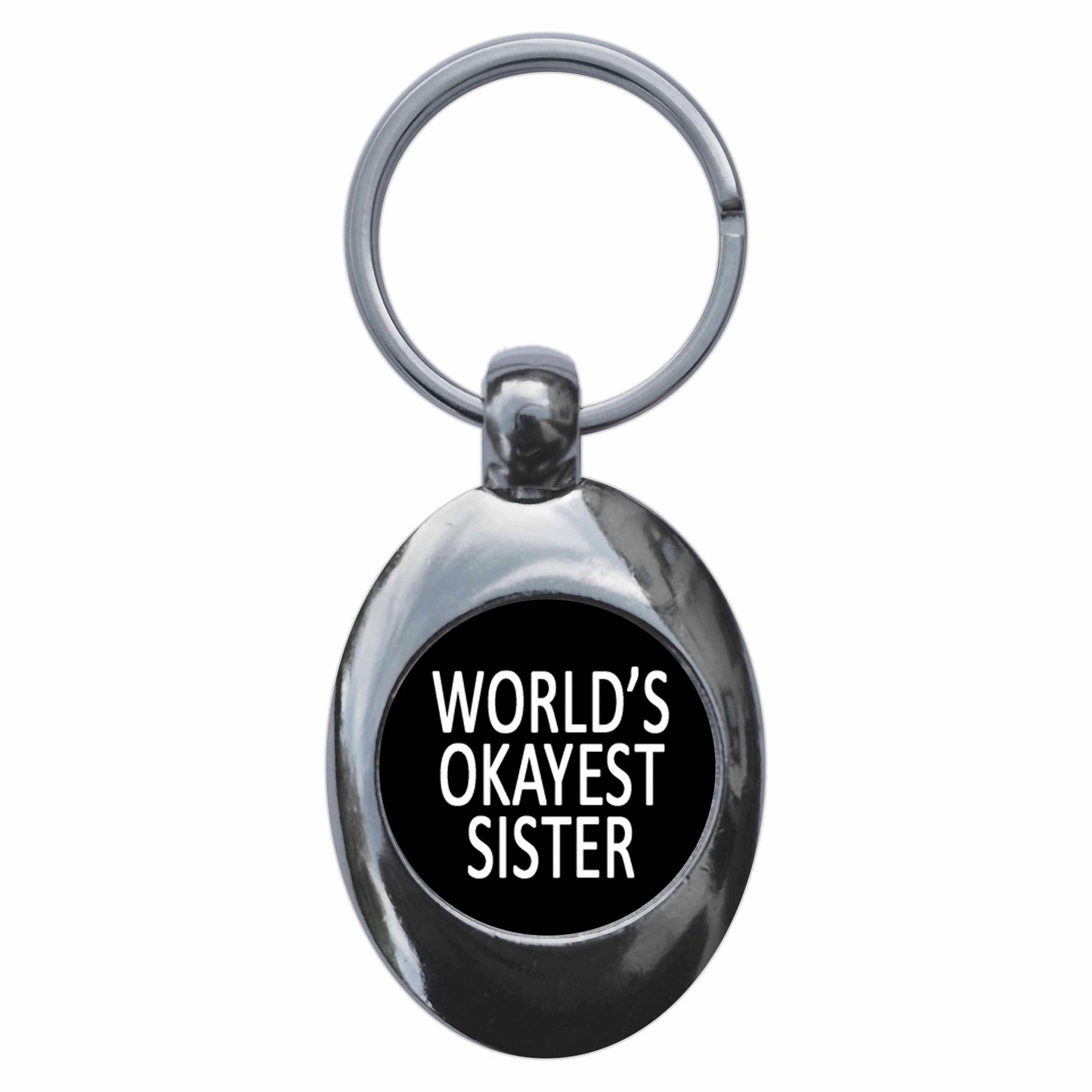 A picture of the front of the product, titled World's Okayest Sister Metal Keyring With Trolley Coin