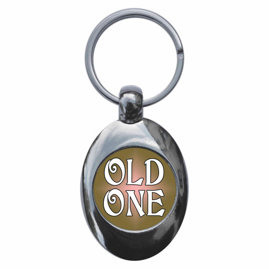 A picture of the front of the product, titled Old One Cthulhu Metal Keyring With Trolley Coin