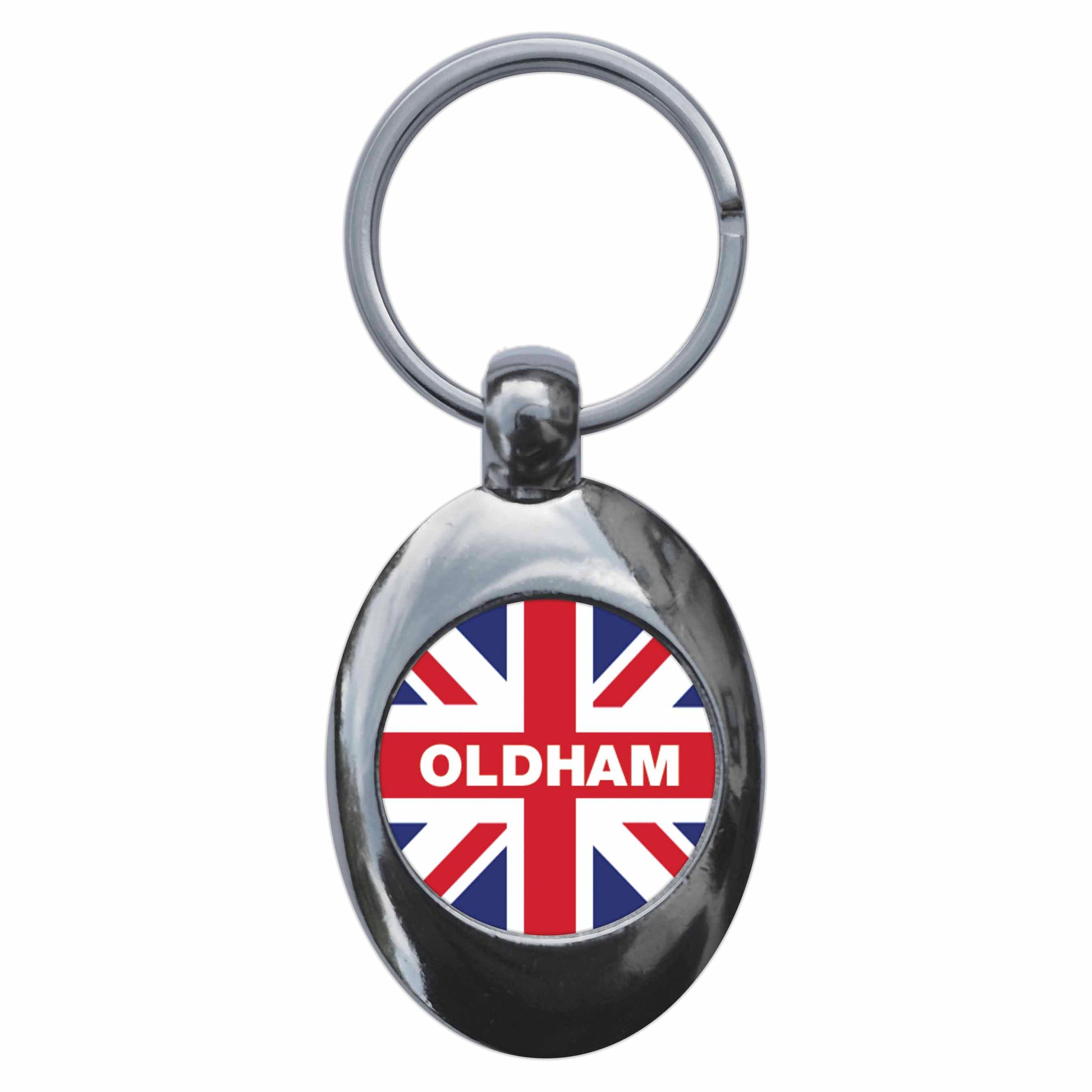A picture of the front of the product, titled Oldham Union Jack Metal Keyring With Trolley Coin