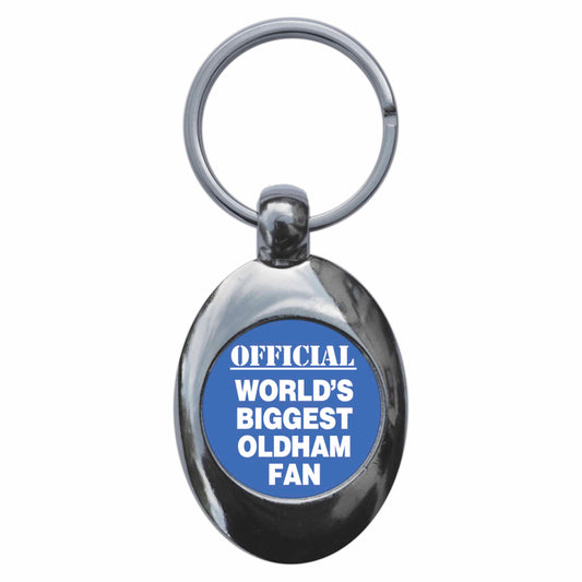 A picture of the front of the product, titled World's Biggest Oldham Fan Metal Keyring With Trolley Coin