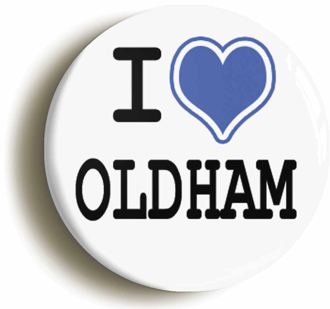 A picture of the front of the product, titled I Heart Love Oldham Circular 50mm Fridge Magnet