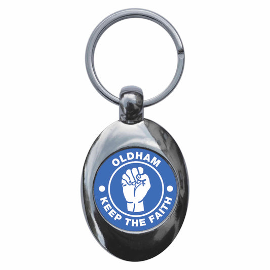 A picture of the front of the product, titled Oldham Keep The Faith Northern Soul Metal Keyring With Trolley Coin