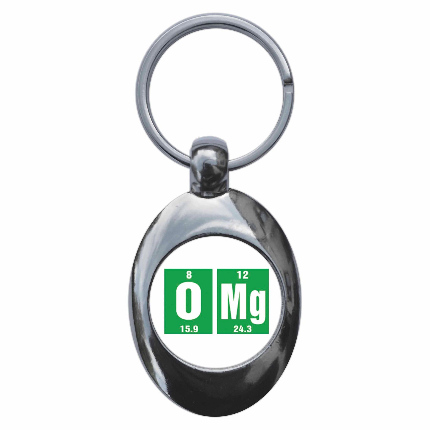 A picture of the front of the product, titled Omg Elements Metal Keyring With Trolley Coin