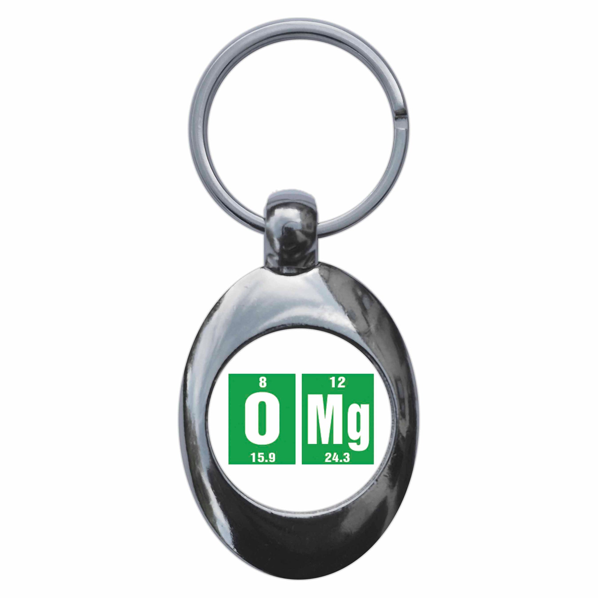 A picture of the front of the product, titled Omg Elements Metal Keyring With Trolley Coin