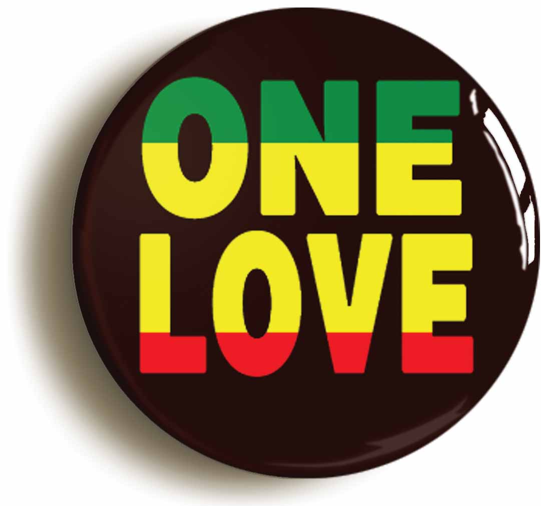 A picture of the front of the product, titled One Love Reggae Rastafarian Jamaican Button Pin Badge