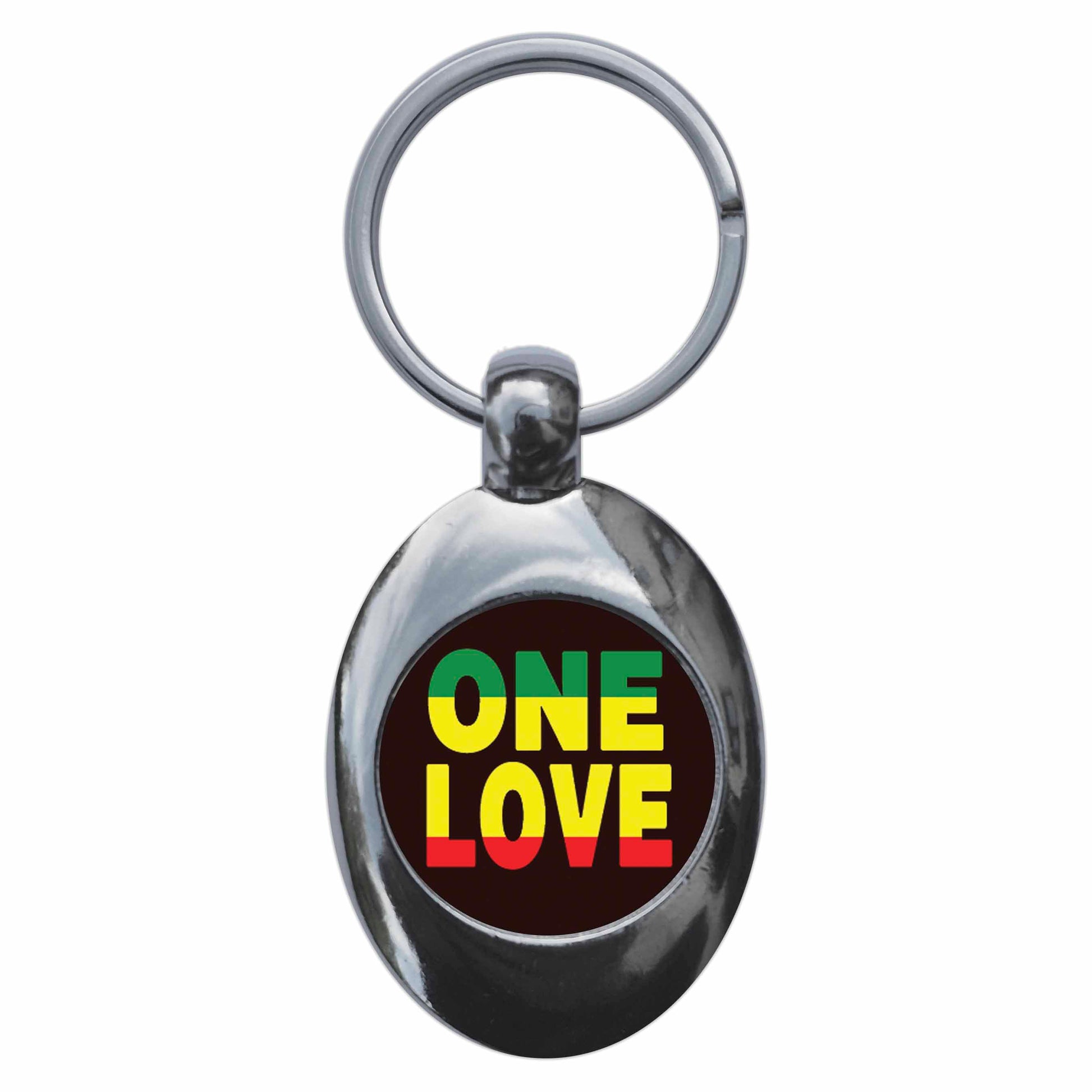 A picture of the front of the product, titled One Love Reggae Rastafarian Jamaican Metal Keyring With Trolley Coin