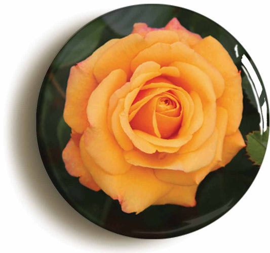 A picture of the front of the product, titled Orange Rose Flower Button Pin Badge