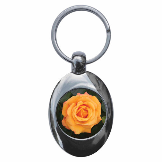 A picture of the front of the product, titled Orange Rose Flower Metal Keyring With Trolley Coin