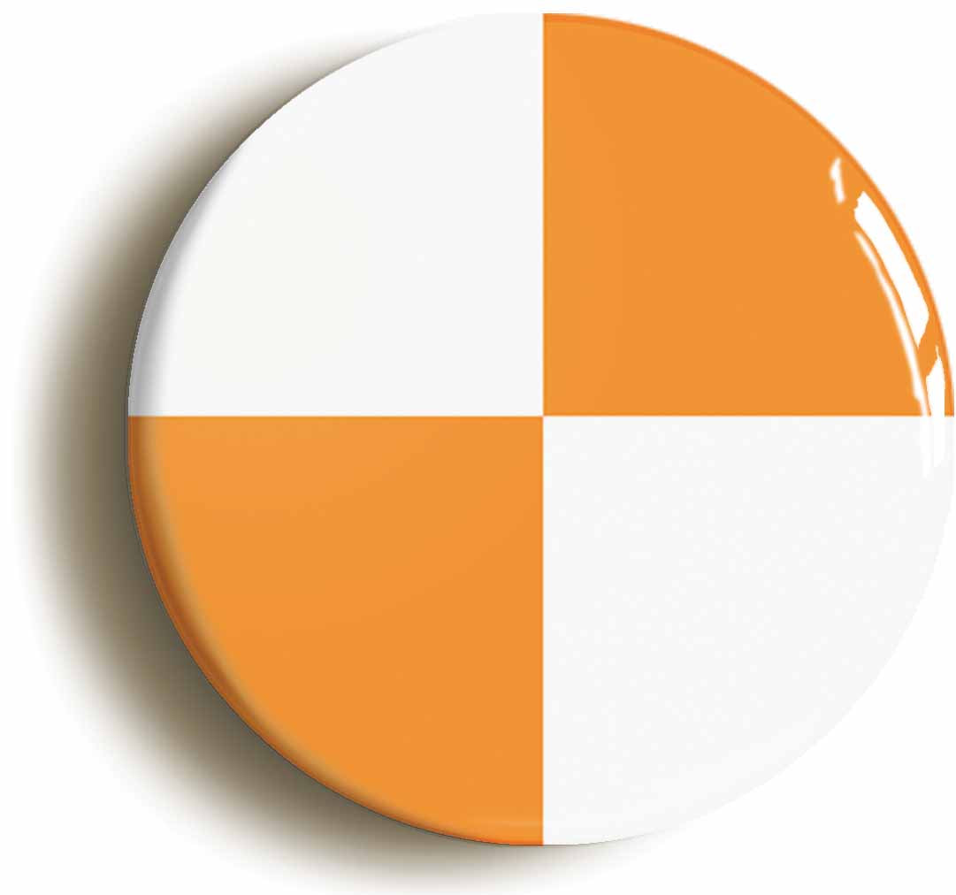 A picture of the front of the product, titled Orange And White Quarters Flag Button Pin Badge
