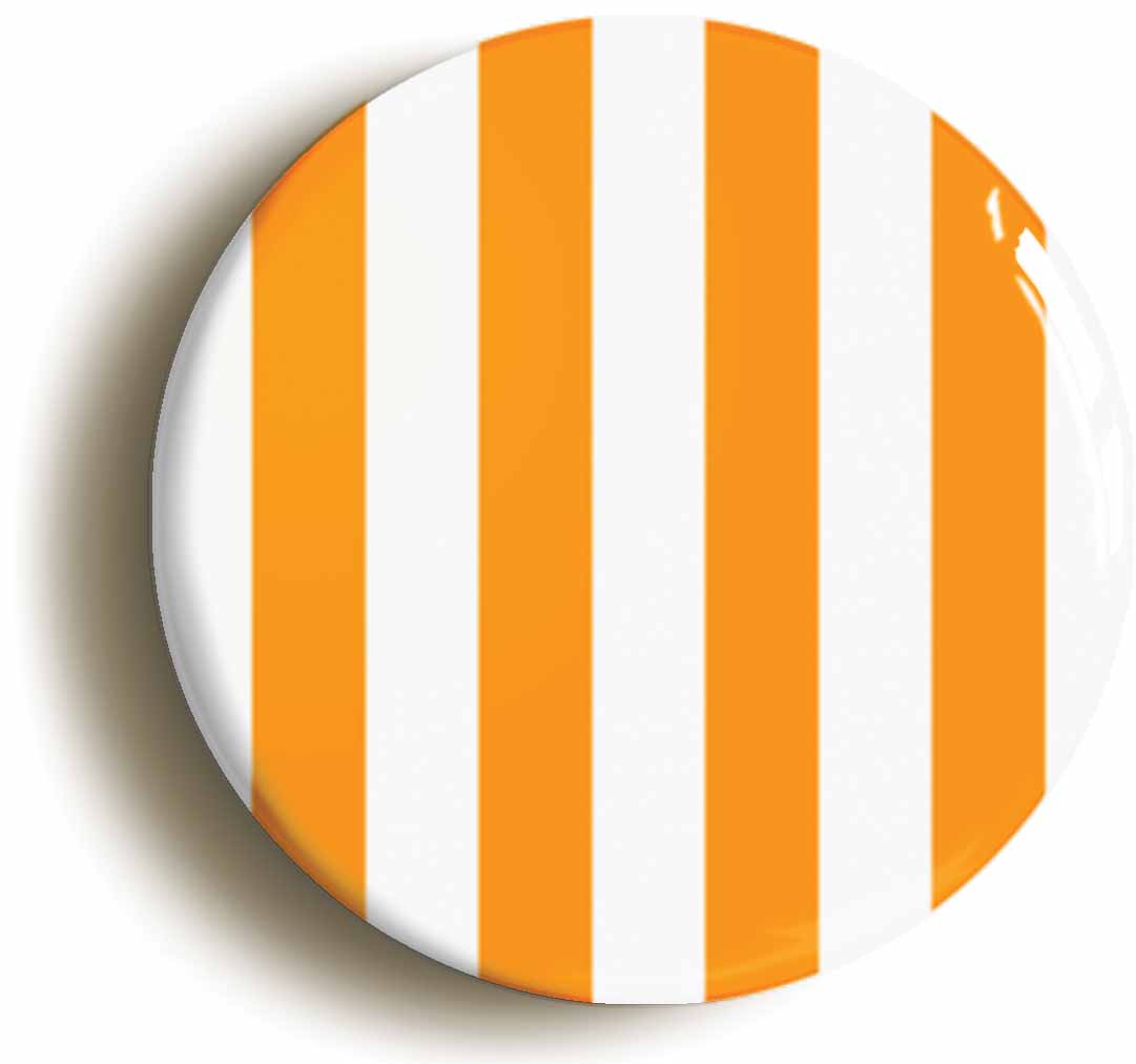 A picture of the front of the product, titled Orange And White Striped Button Pin Badge