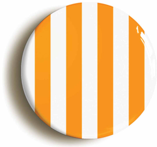 A picture of the front of the product, titled Orange And White Striped Button Pin Badge