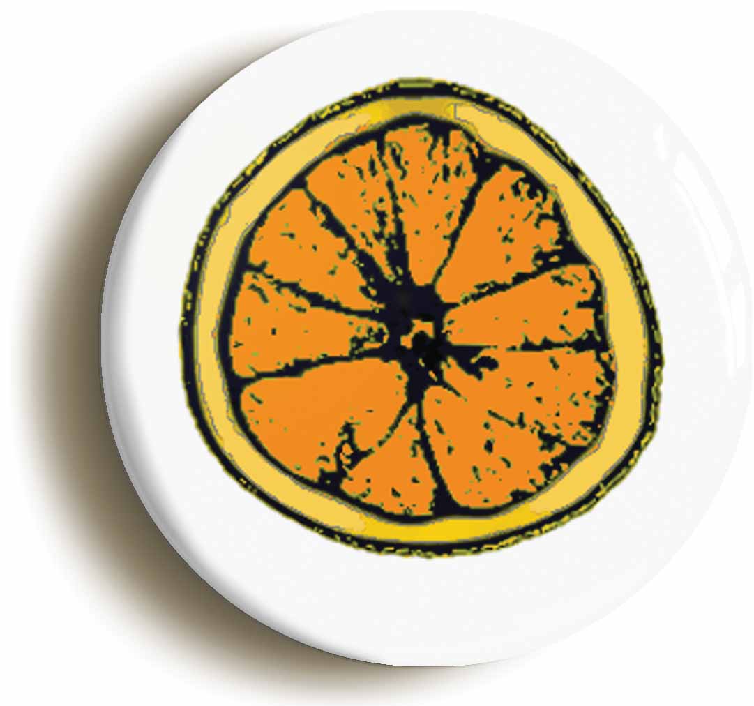 A picture of the front of the product, titled Orange Slice Logo Button Pin Badge