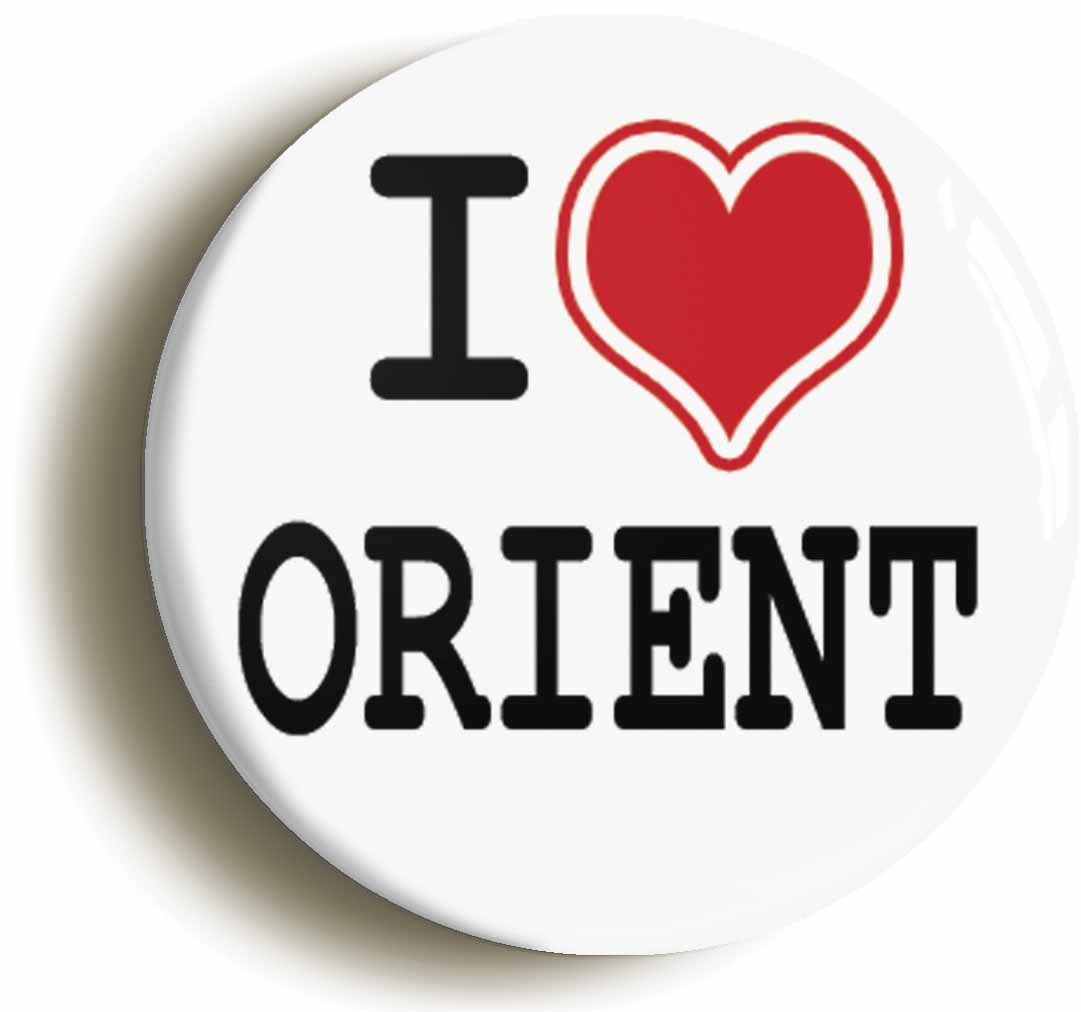 A picture of the front of the product, titled I Heart Love Orient Button Pin Badge