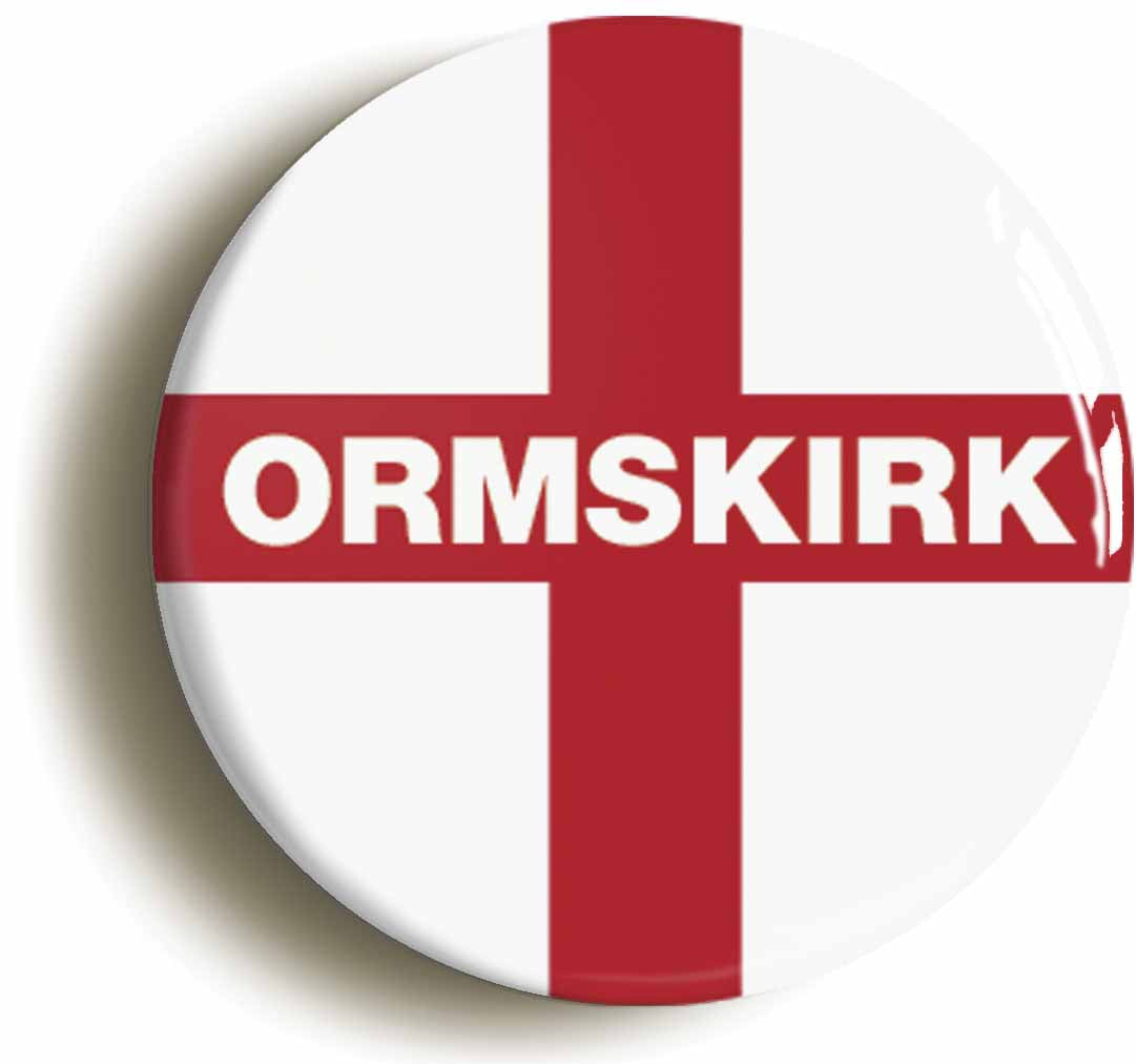 A picture of the front of the product, titled Ormskirk England Flag Button Pin Badge