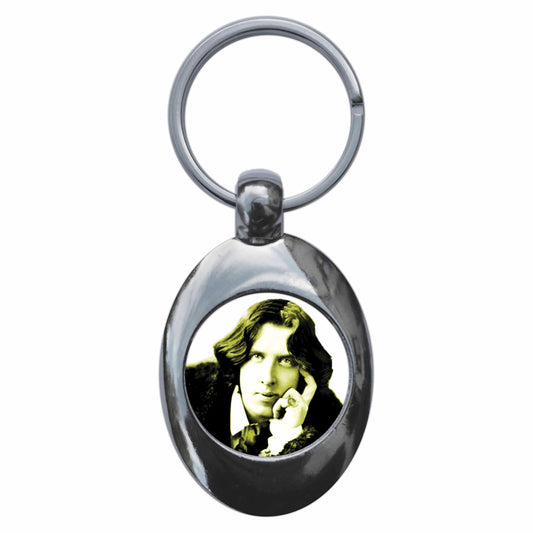 A picture of the front of the product, titled Oscar Wilde Portrait Metal Keyring With Trolley Coin