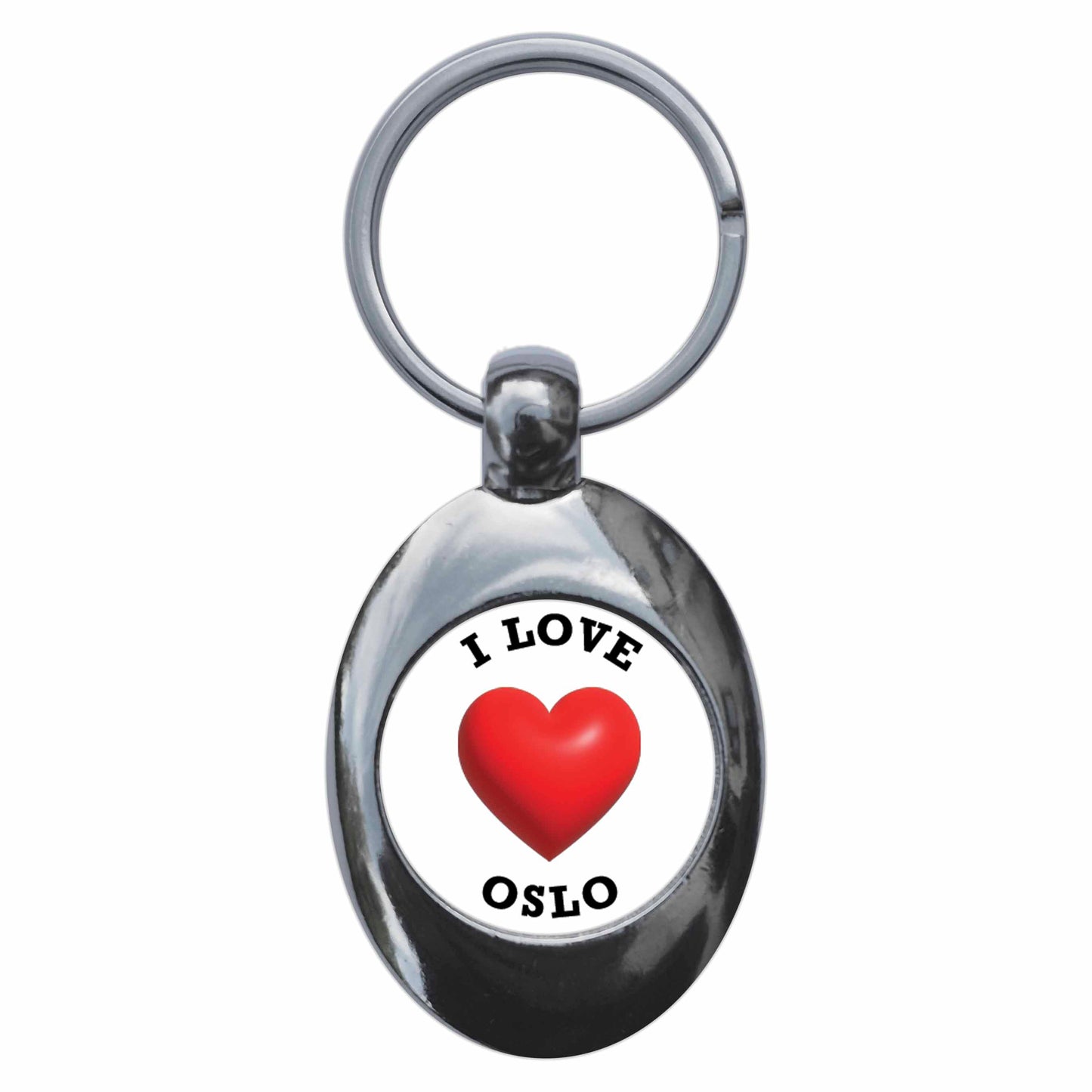 A picture of the front of the product, titled I Heart Love Oslo Metal Keyring With Trolley Coin