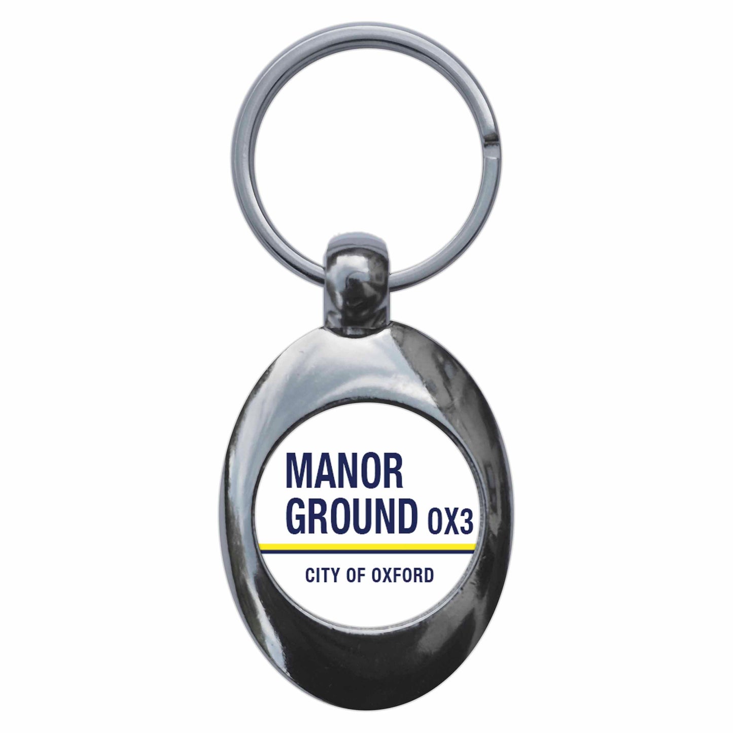 A picture of the front of the product, titled Manor Ground OX3 Oxford Road Sign Metal Keyring With Trolley Coin