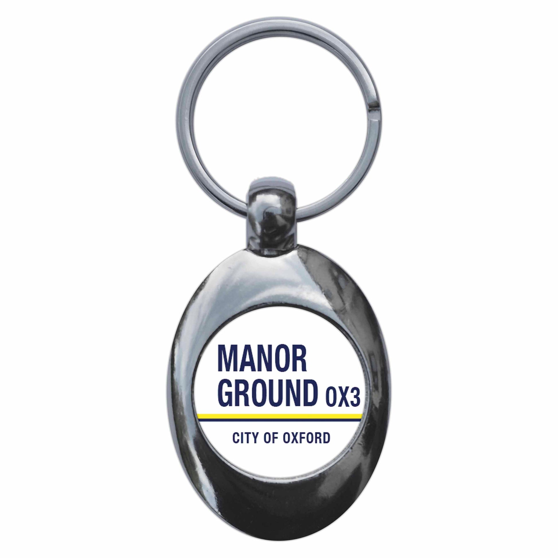 A picture of the front of the product, titled Manor Ground OX3 Oxford Road Sign Metal Keyring With Trolley Coin