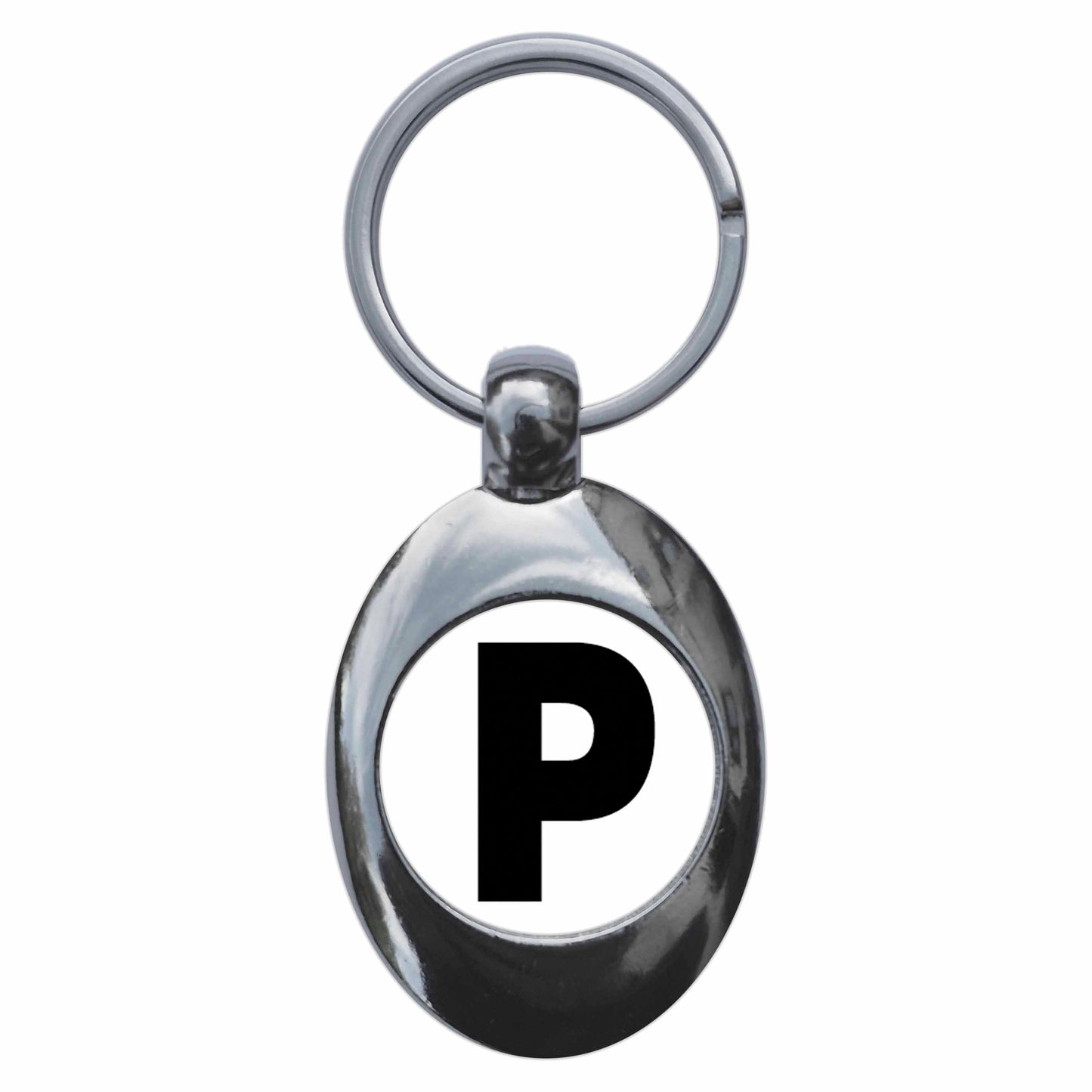 A picture of the front of the product, titled Letter P Metal Keyring With Trolley Coin