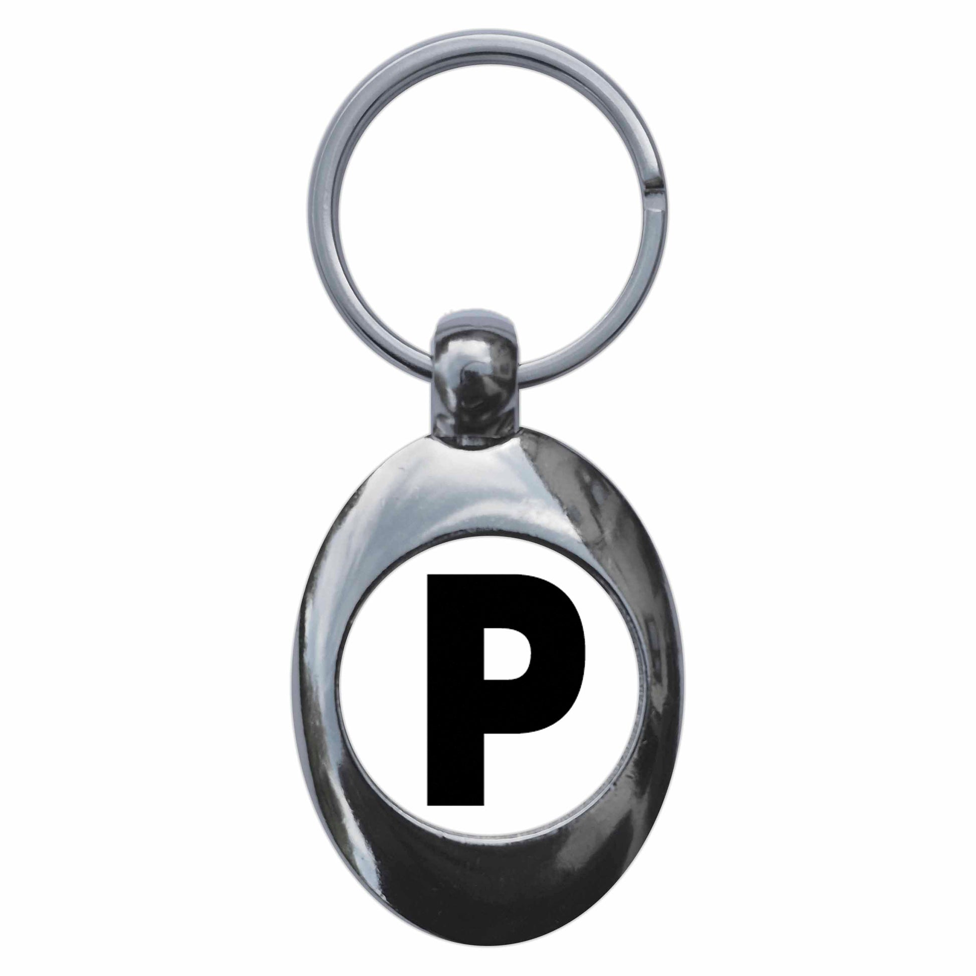 A picture of the front of the product, titled Letter P Metal Keyring With Trolley Coin