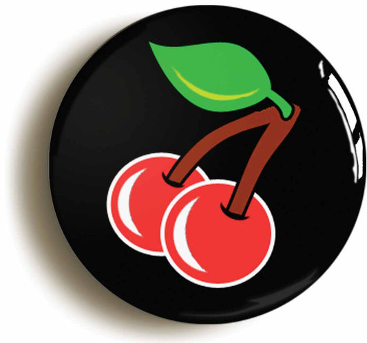 A picture of the front of the product, titled Cherries Eighties Retro Button Pin Badge