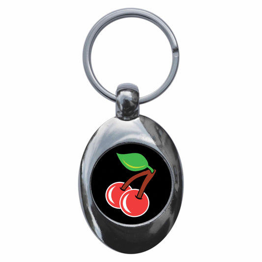 A picture of the front of the product, titled Cherries Metal Keyring With Trolley Coin