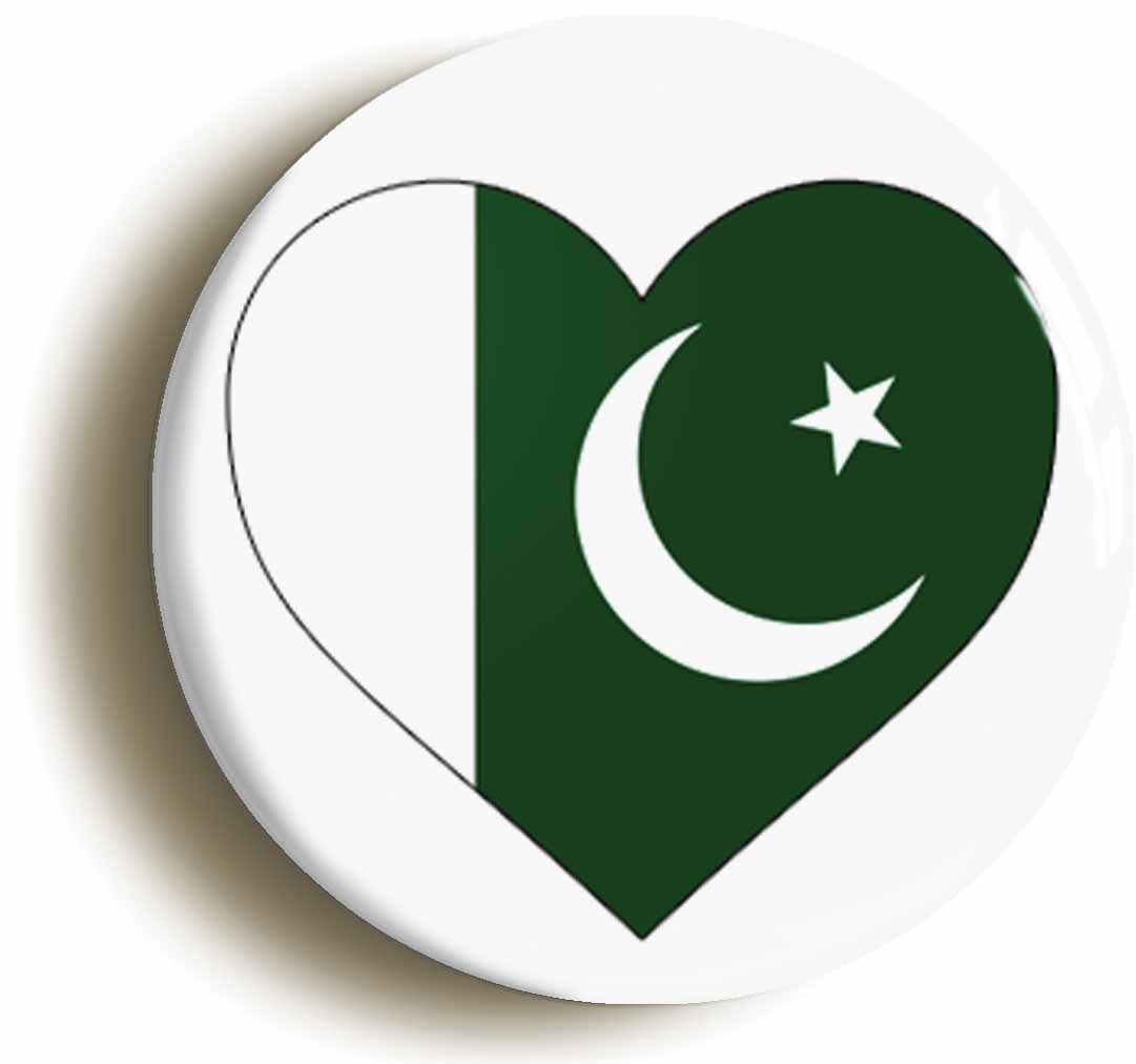A picture of the front of the product, titled Pakistan Pakistani Flag Heart Button Pin Badge