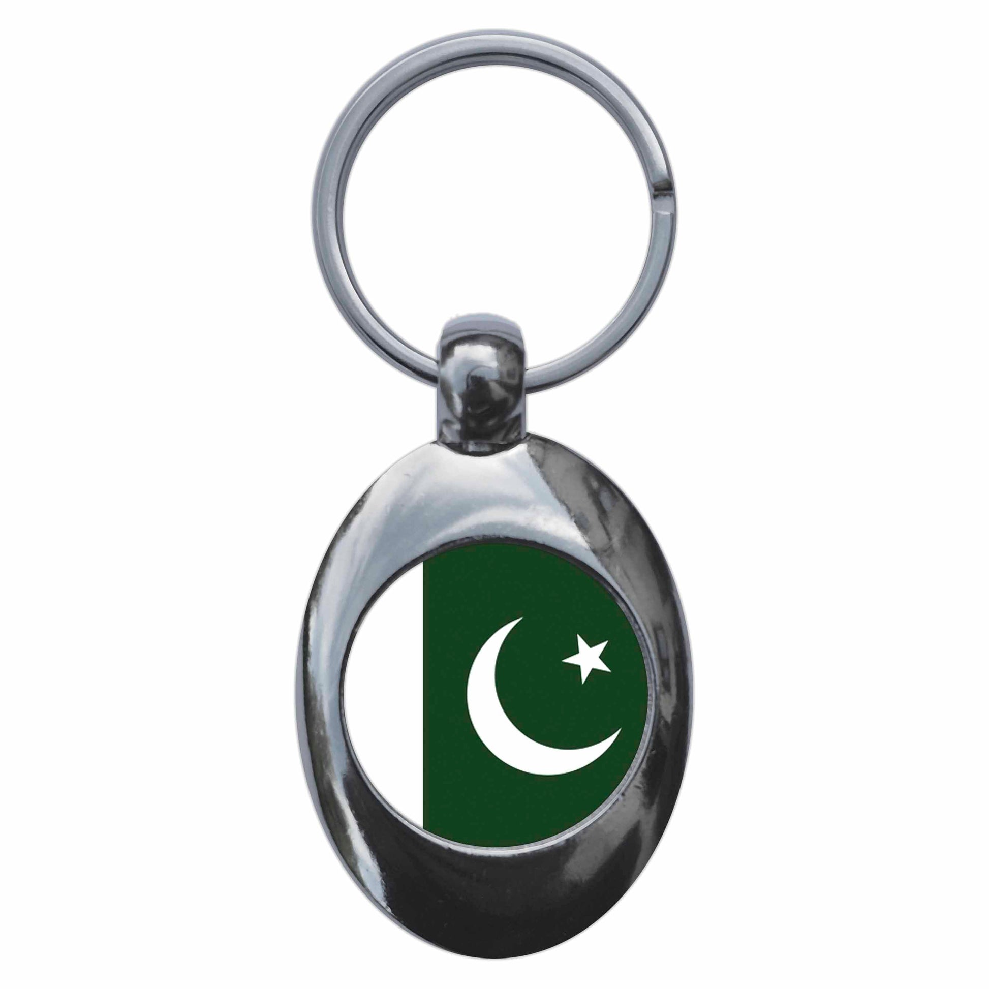 A picture of the front of the product, titled Pakistan National Flag Metal Keyring With Trolley Coin