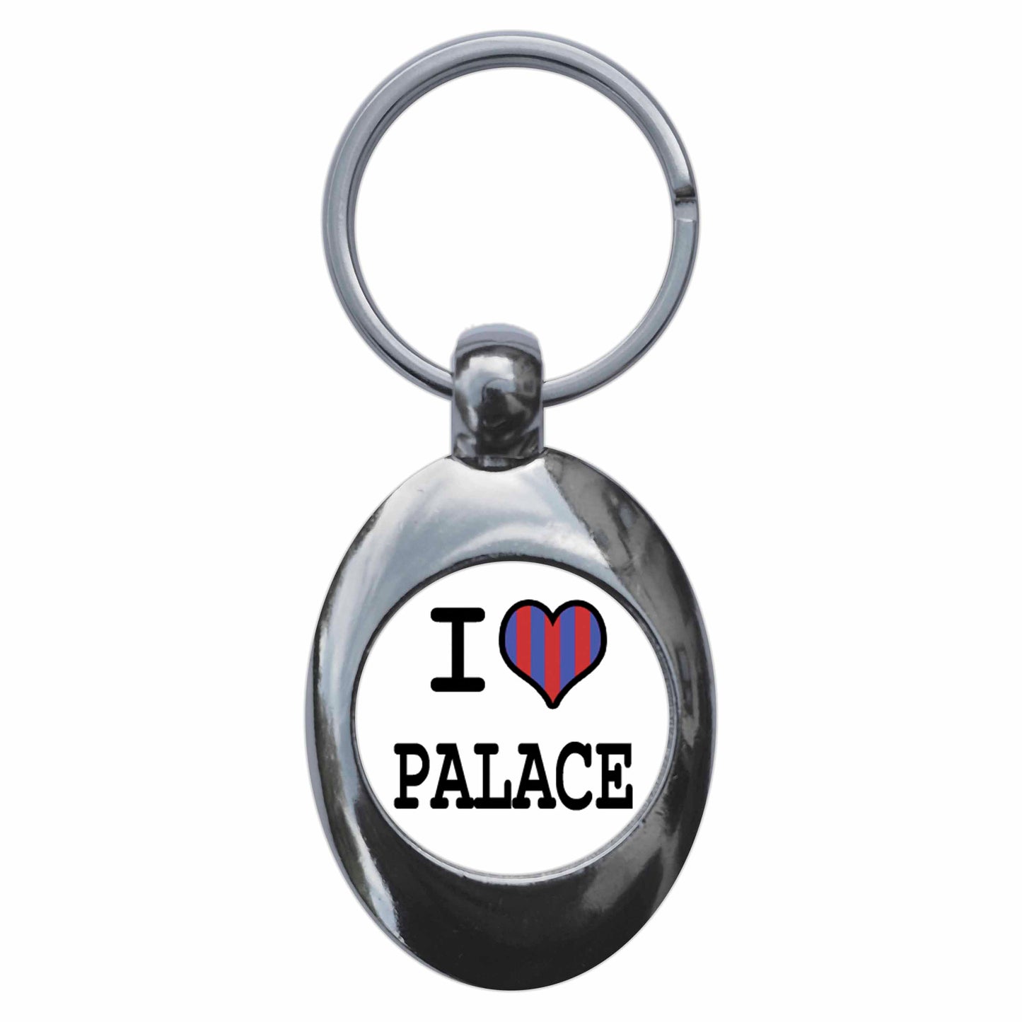 A picture of the front of the product, titled I Heart Love Palace Metal Keyring With Trolley Coin