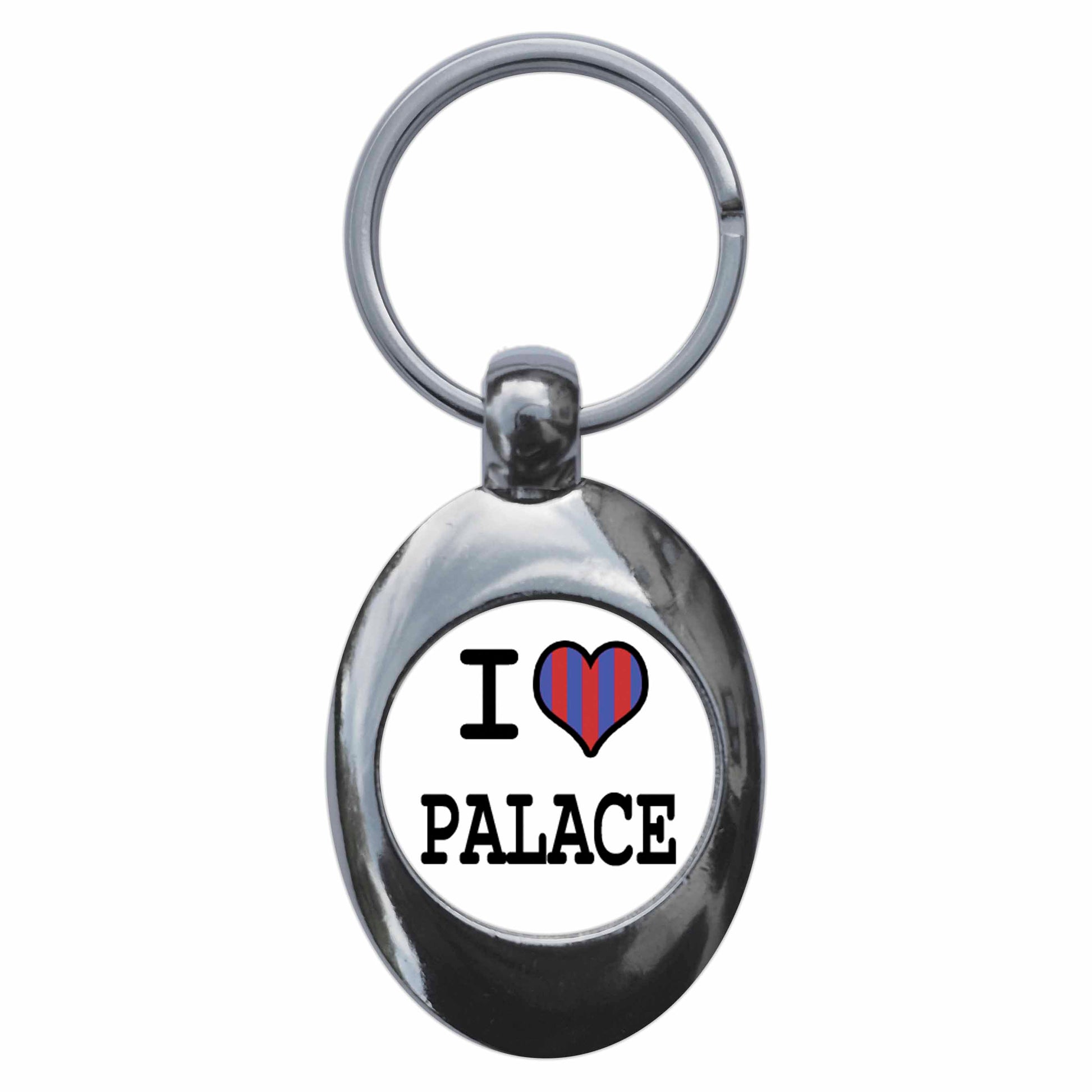 A picture of the front of the product, titled I Heart Love Palace Metal Keyring With Trolley Coin