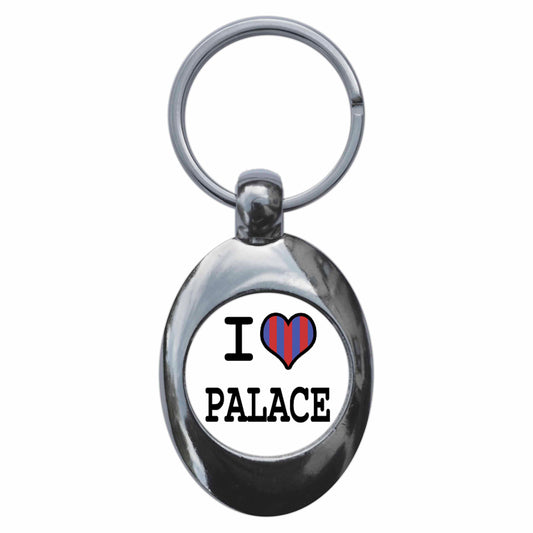 A picture of the front of the product, titled I Heart Love Palace Metal Keyring With Trolley Coin