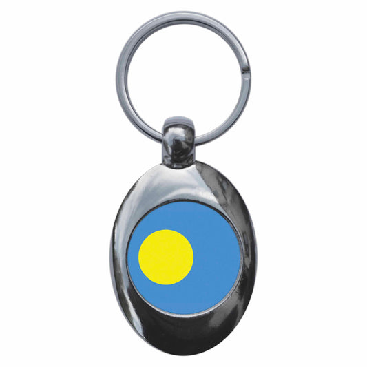 A picture of the front of the product, titled Palau Palauan National Flag Metal Keyring With Trolley Coin