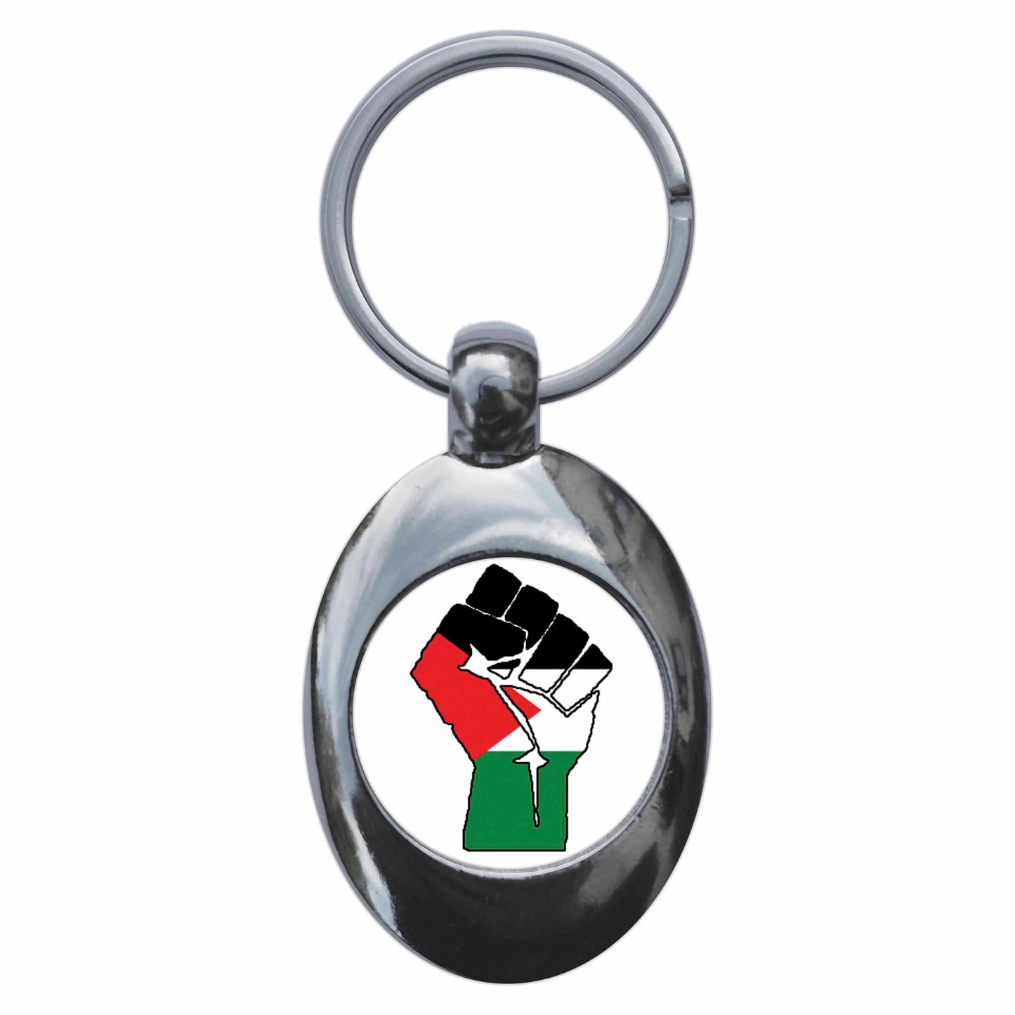 A picture of the front of the product, titled Palestine Solidarity Fist Metal Keyring With Trolley Coin