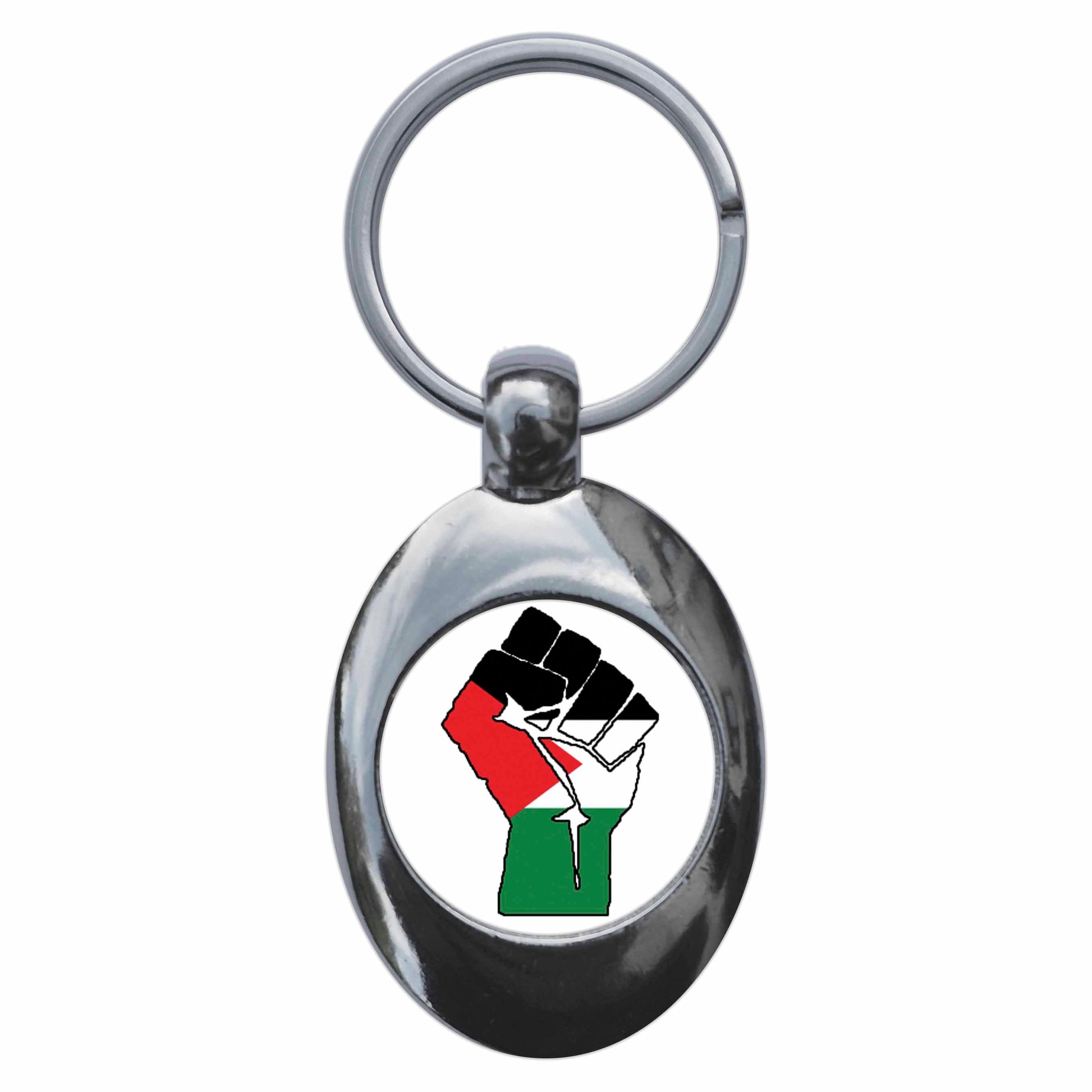 A picture of the front of the product, titled Palestine Solidarity Fist Metal Keyring With Trolley Coin
