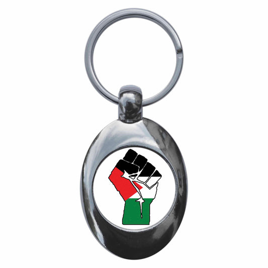 A picture of the front of the product, titled Palestine Solidarity Fist Metal Keyring With Trolley Coin