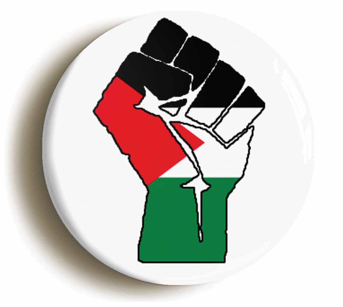 A picture of the front of the product, titled Palestine Solidarity Fist Circular 50mm Fridge Magnet