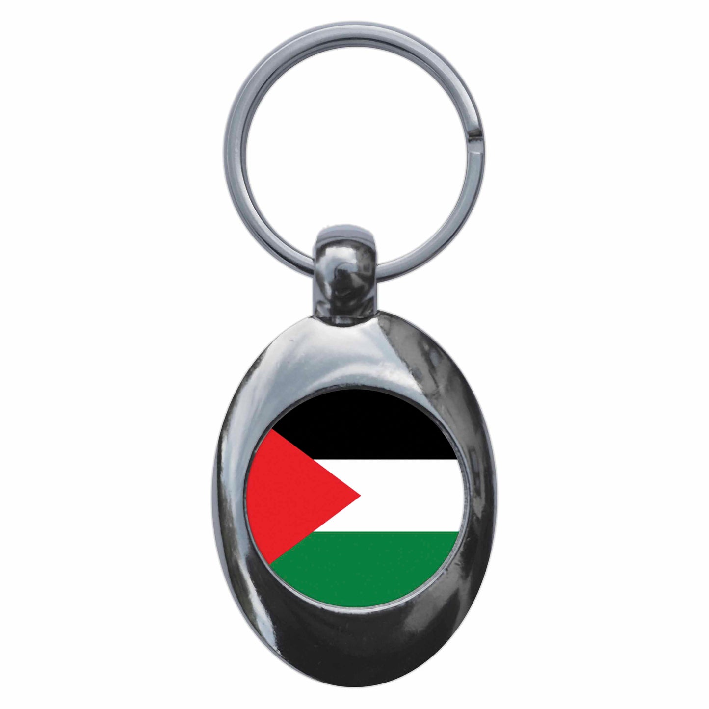 A picture of the front of the product, titled Palestine Palestinian National Flag Metal Keyring With Trolley Coin