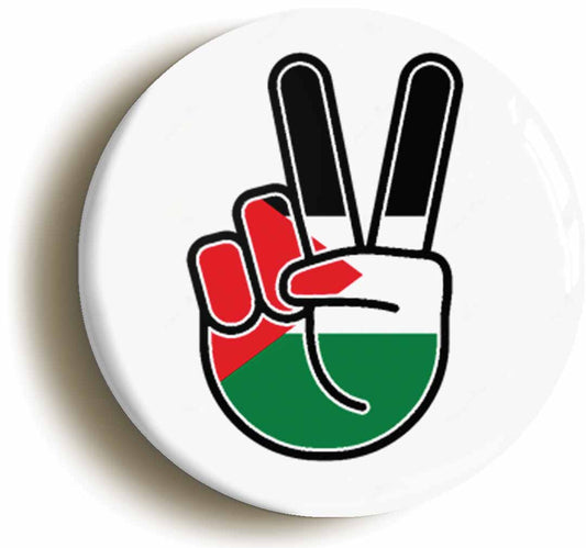 A picture of the front of the product, titled Palestine Palestinian National Flag Peace Sign V Button Pin Badge