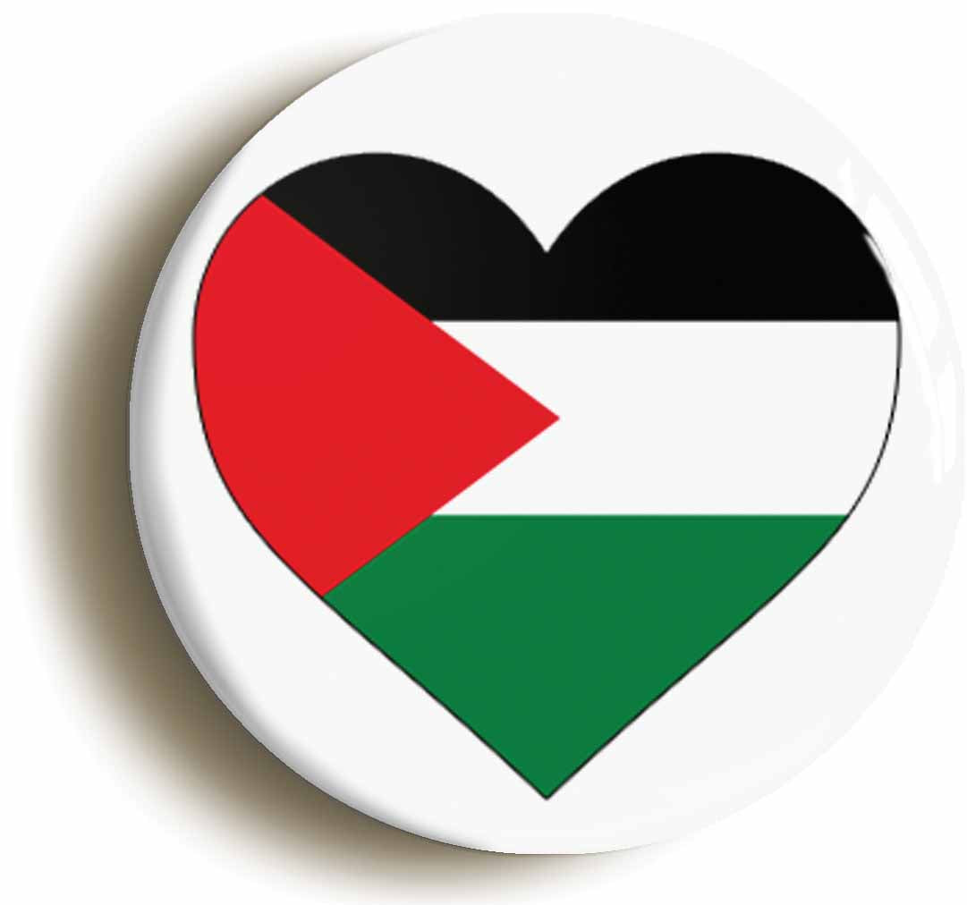 A picture of the front of the product, titled Palestine Palestinian Flag Heart Button Pin Badge