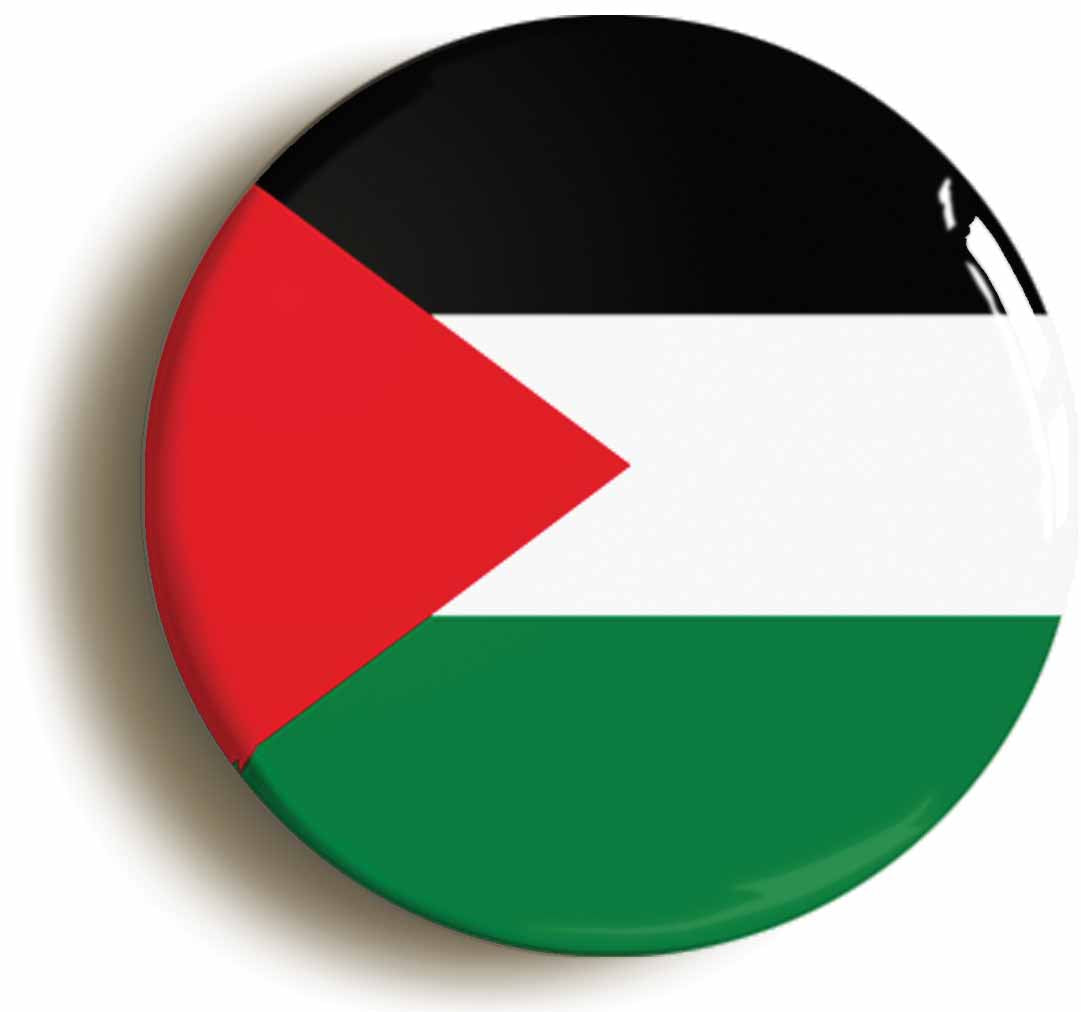 A picture of the front of the product, titled Palestine Palestinian National Flag Circular 50mm Fridge Magnet