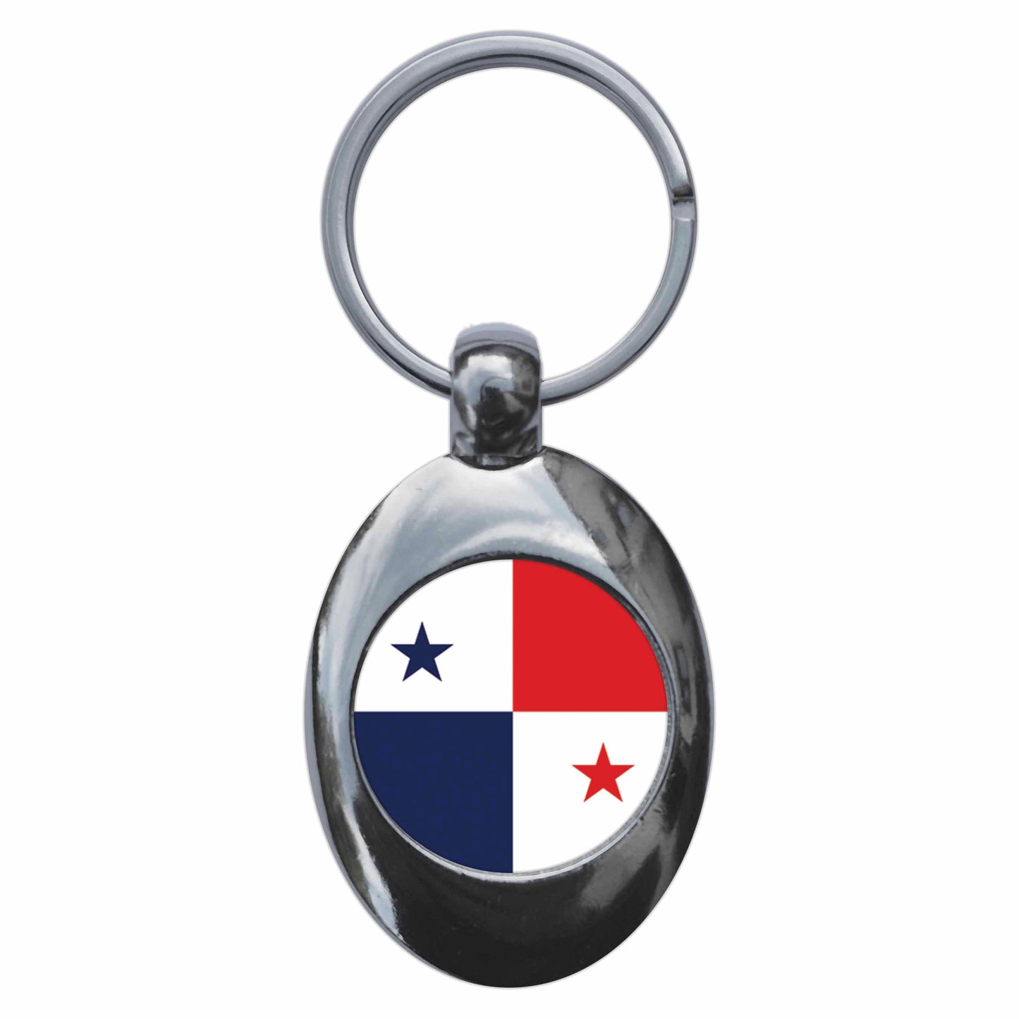 A picture of the front of the product, titled Panama National Flag Metal Keyring With Trolley Coin