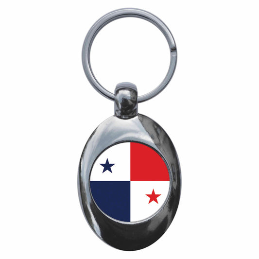 A picture of the front of the product, titled Panama National Flag Metal Keyring With Trolley Coin