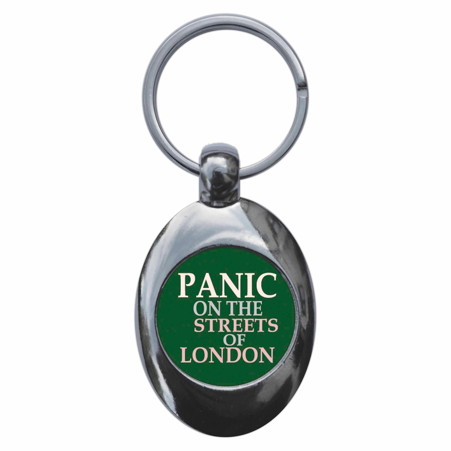 A picture of the front of the product, titled Panic On The Streets Of London Metal Keyring With Trolley Coin