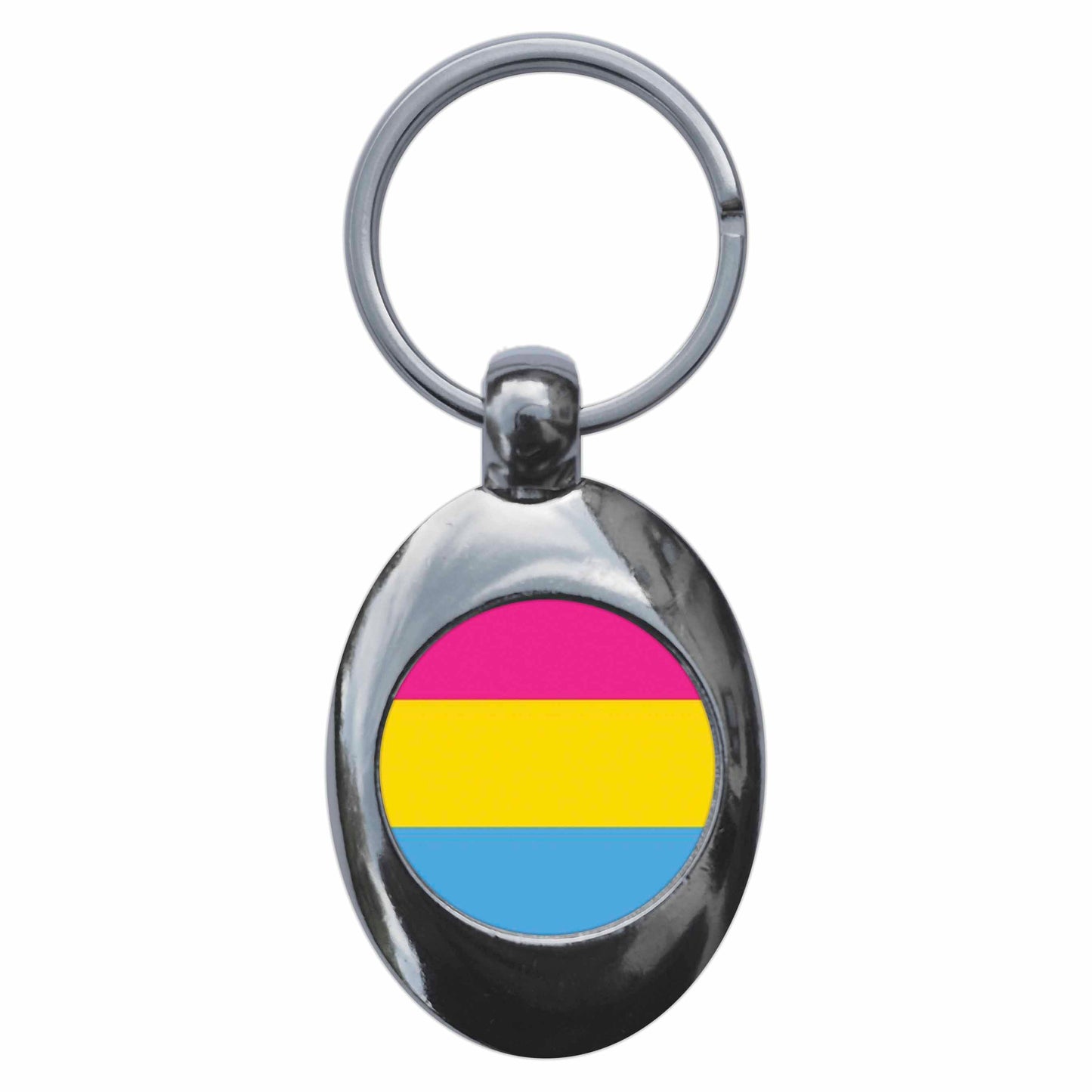 A picture of the front of the product, titled Pansexual LGBT Pride Flag Metal Keyring With Trolley Coin