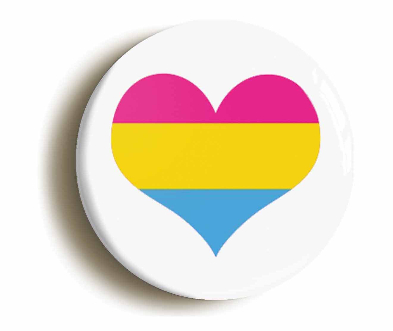 A picture of the front of the product, titled Pansexual Heart LGBTQ Pride Button Pin Badge
