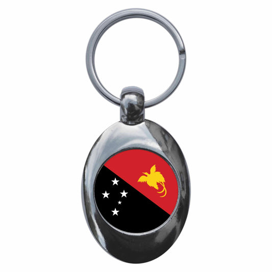 A picture of the front of the product, titled Papua New Guinea National Flag Metal Keyring With Trolley Coin