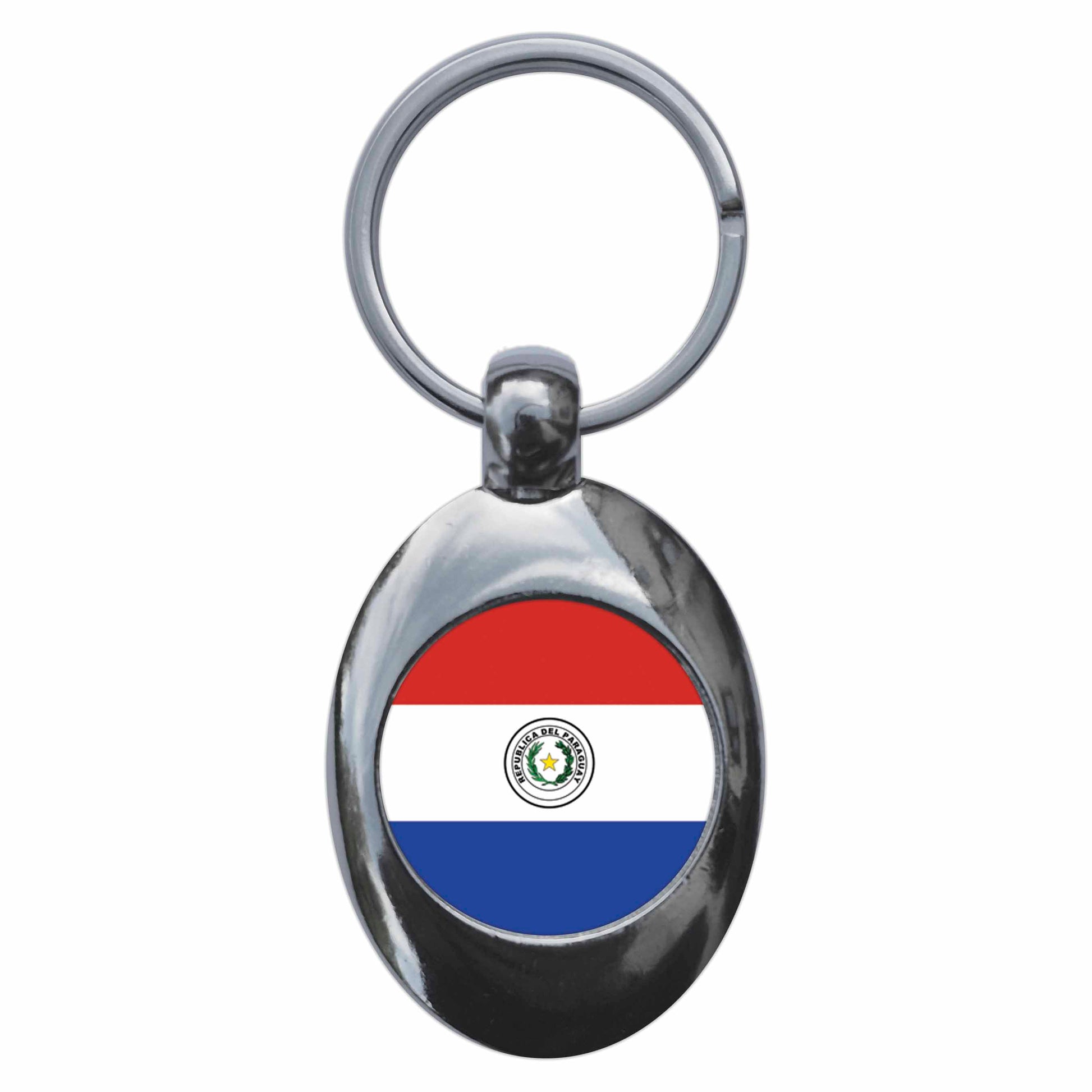 A picture of the front of the product, titled Paraguay Paraguayan National Flag Metal Keyring With Trolley Coin