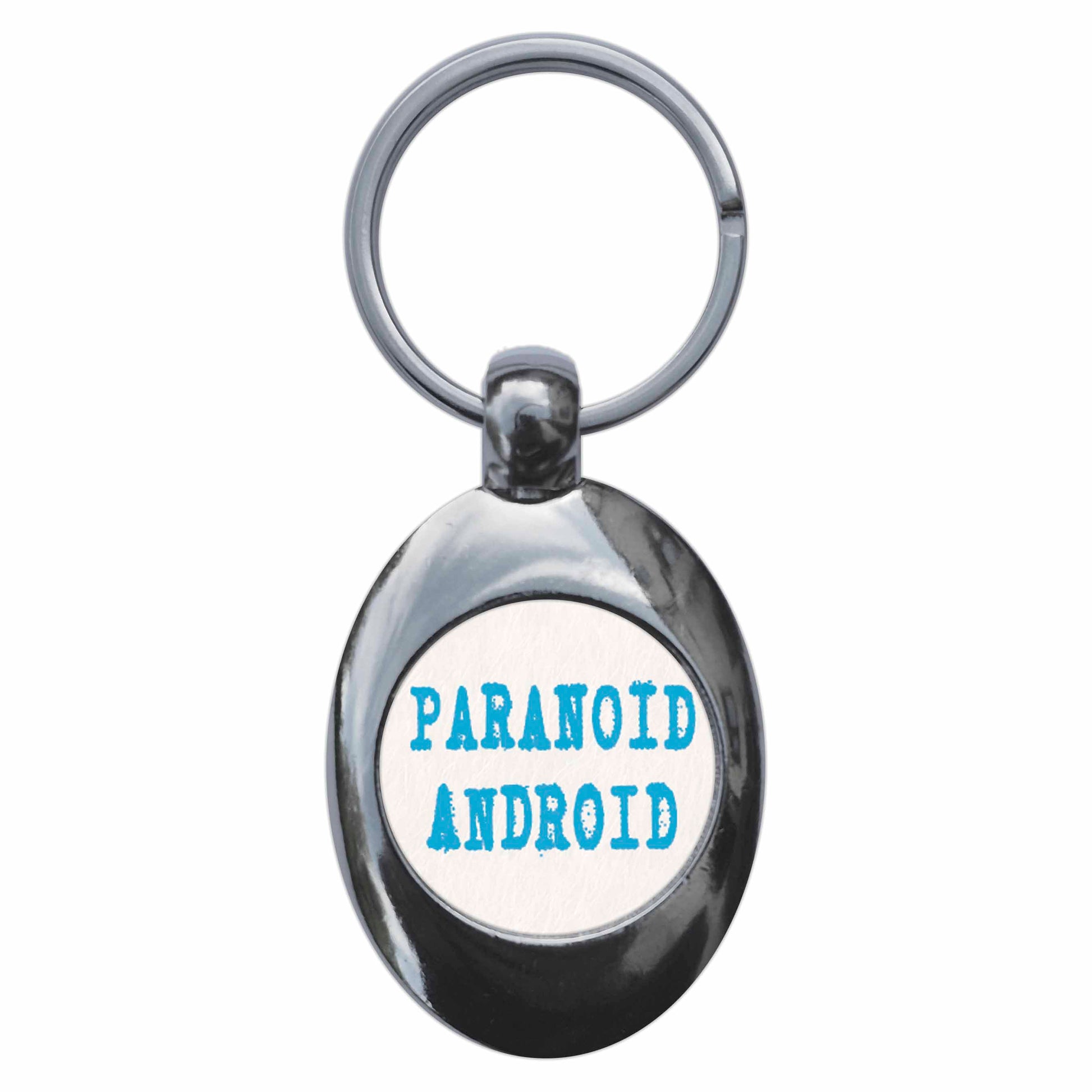 A picture of the front of the product, titled Paranoid Android Metal Keyring With Trolley Coin