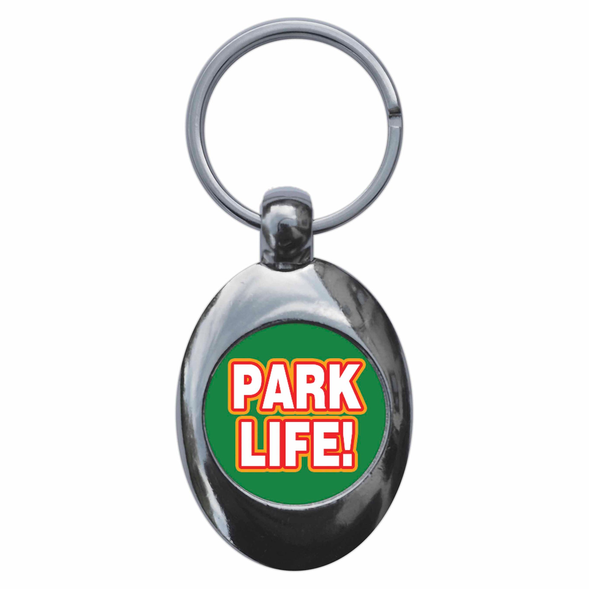 A picture of the front of the product, titled Park Life Metal Keyring With Trolley Coin